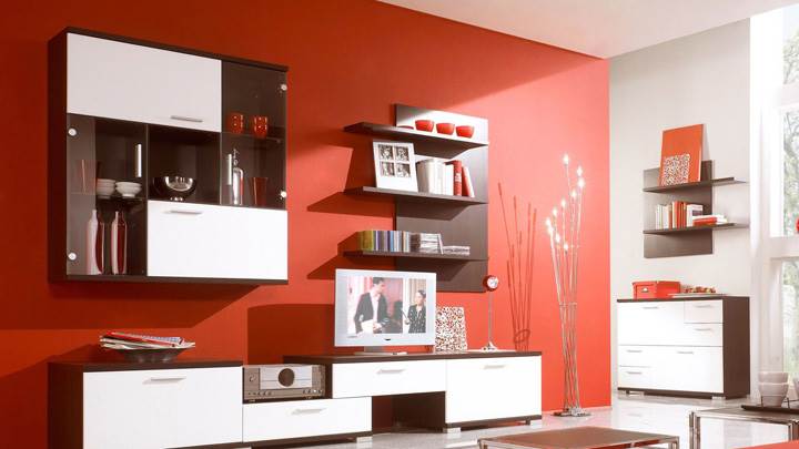 Red Background And Wooden Furniture in Study And TV Room